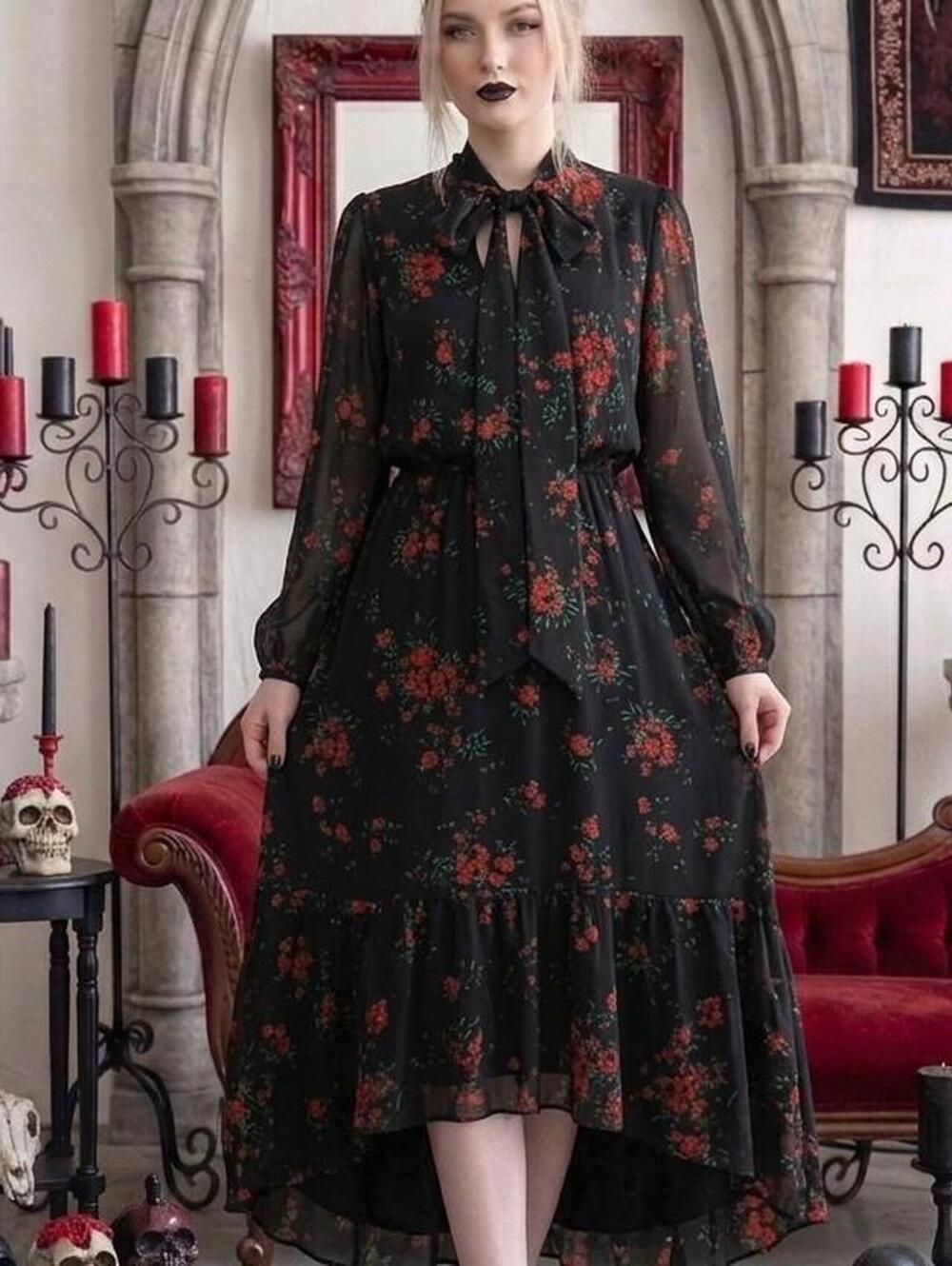 Gothic Floral Chiffon Midi Tie-Neck Long Sleeve Black Red Flowy Boho Ruffle Hem